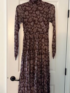 cinq a sept Brown Leaf Long-Sleeve Tiered Midi Dress